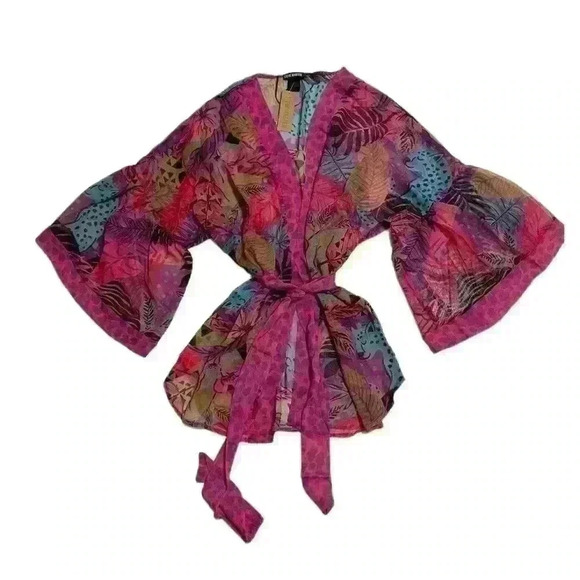 NWT Steve Madden Womens Tropical Jungle Tie Front Kimono Grap Pink Tropical OS - Picture 3 of 6